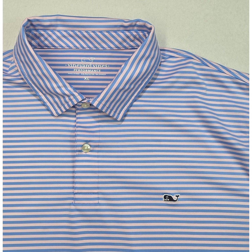Vineyard Vines Performance Polo Golf Shirt Men's XL Blue Pink Striped Whale Logo